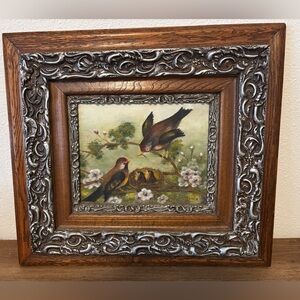Vintage Bird Painting in Ornate Wood Frame.